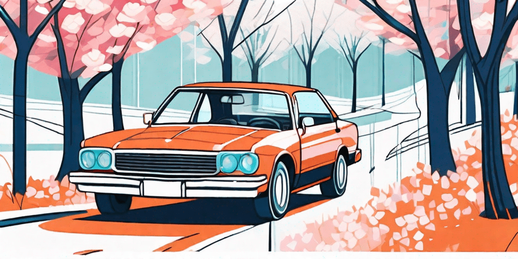 A car parked under blooming spring trees
