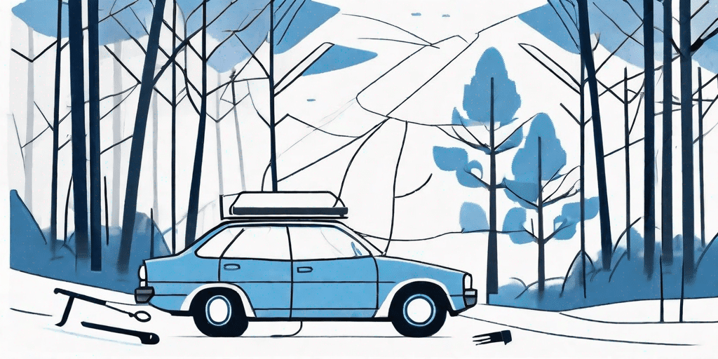 A car with a cracked windshield parked in a serene woodland setting