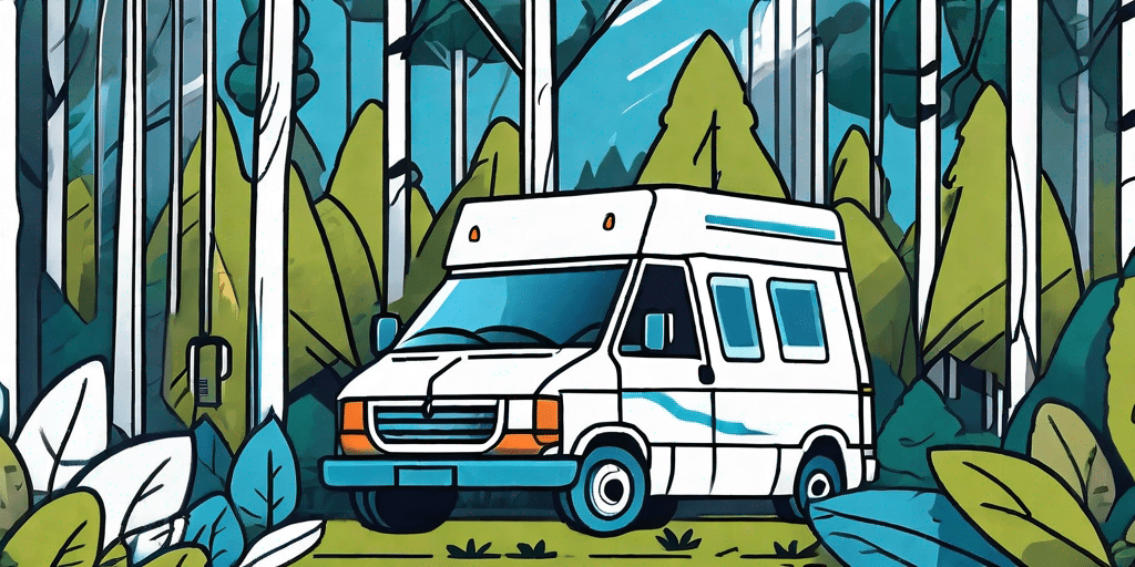A mobile repair van parked in a lush woodland area