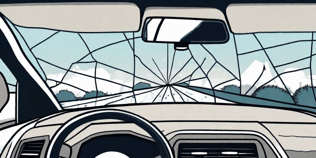 A broken car windshield with cracks and shattered glass